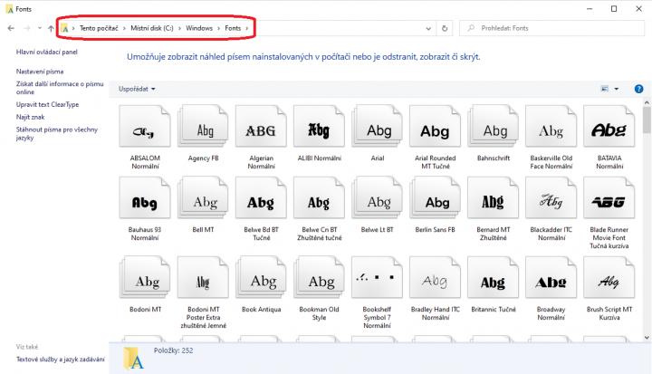 Složka s nainstalovanými fonty (obr. 1) (zdroj: Cnews)