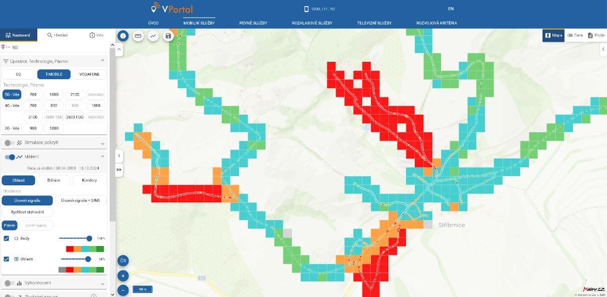 Detailní pohled na naměřené body v obci Stříbrnice (Operátor T-Mobile, síť 5G)