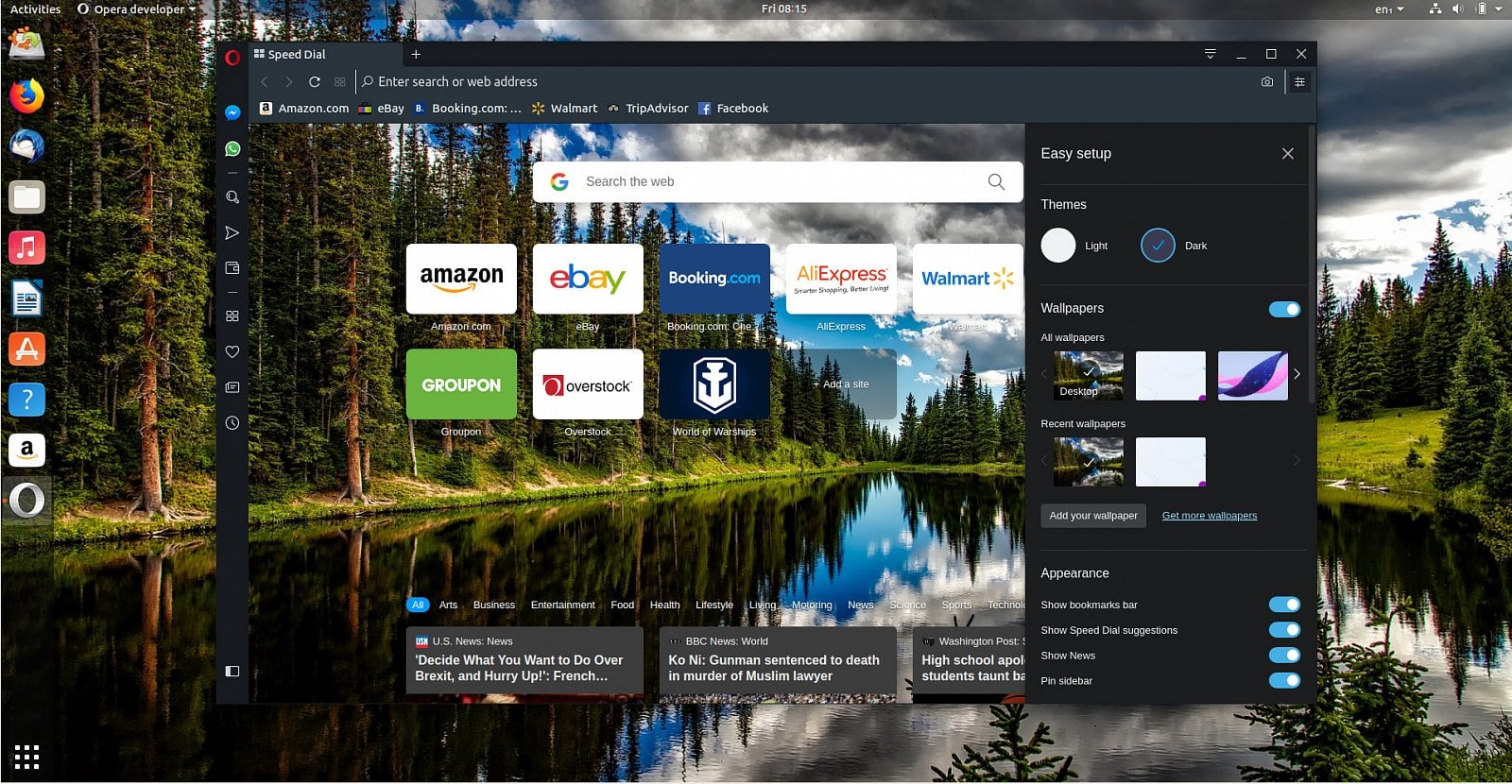 Opera nabízí i tmavý vzhled, který můžete přepnout v rychlém menu.