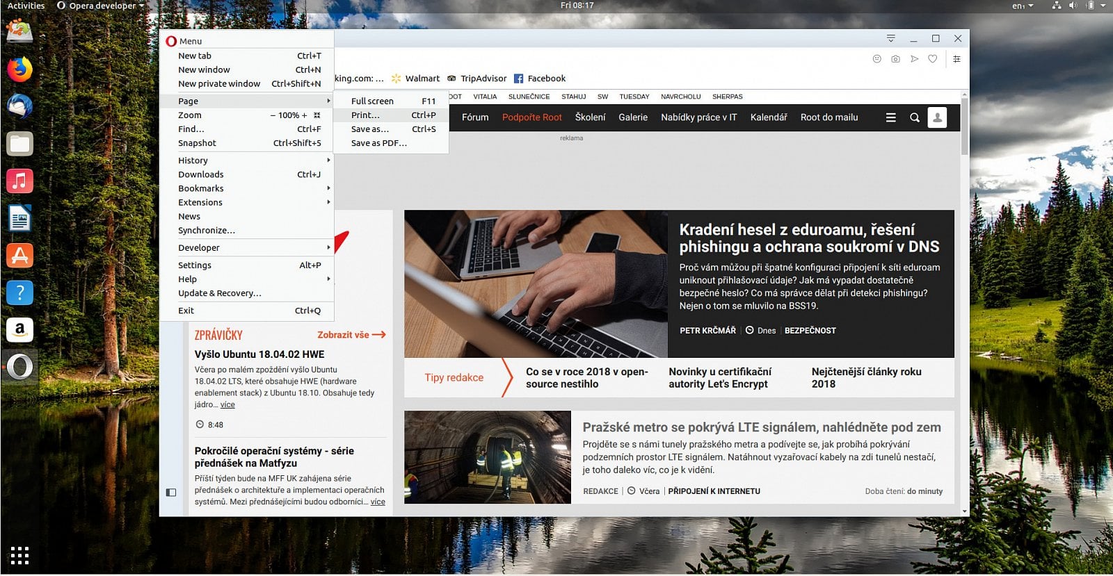 Klasické plnohodnotné menu se ukrývá pod ikonou Opera vlevo nahoře.