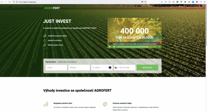 Podvodná webová stránka lákající na investiční služby pod značkou Agrofertu. (26. 1. 2022)