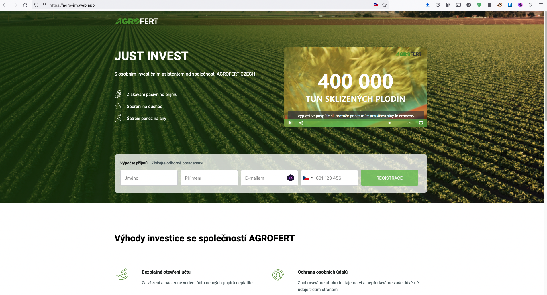 Podvodná webová stránka lákající na investiční služby pod značkou Agrofertu. (26. 1. 2022)