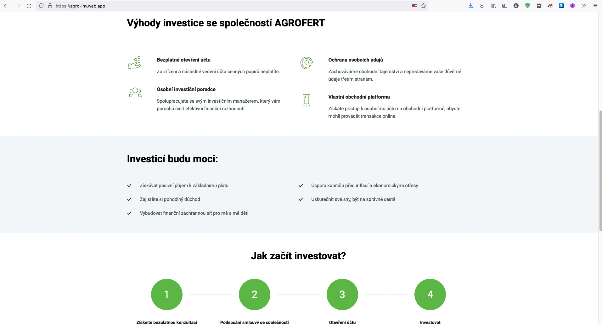 Podvodná webová stránka lákající na investiční služby pod značkou Agrofertu. (26. 1. 2022)