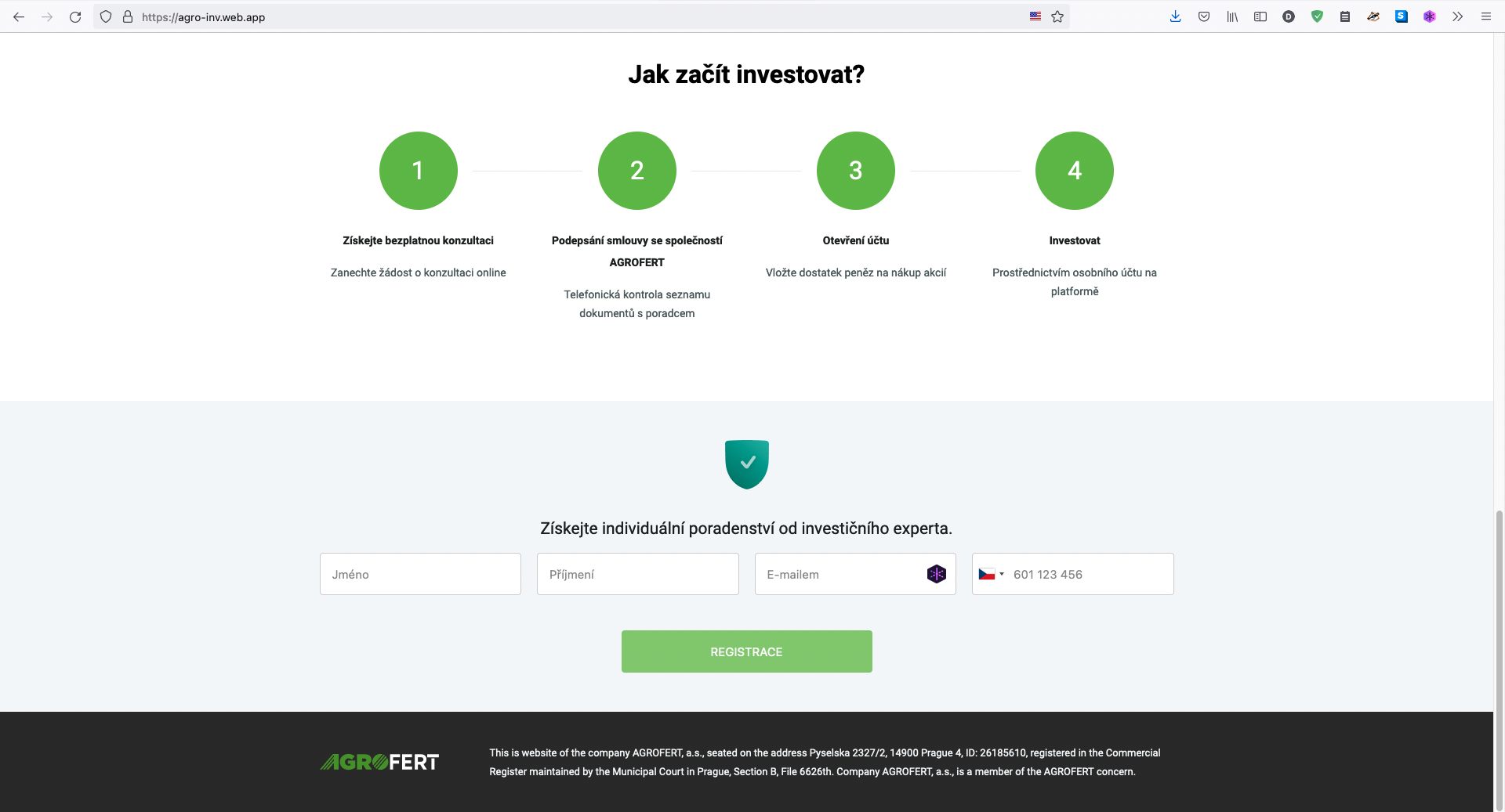 Podvodná webová stránka lákající na investiční služby pod značkou Agrofertu. (26. 1. 2022)