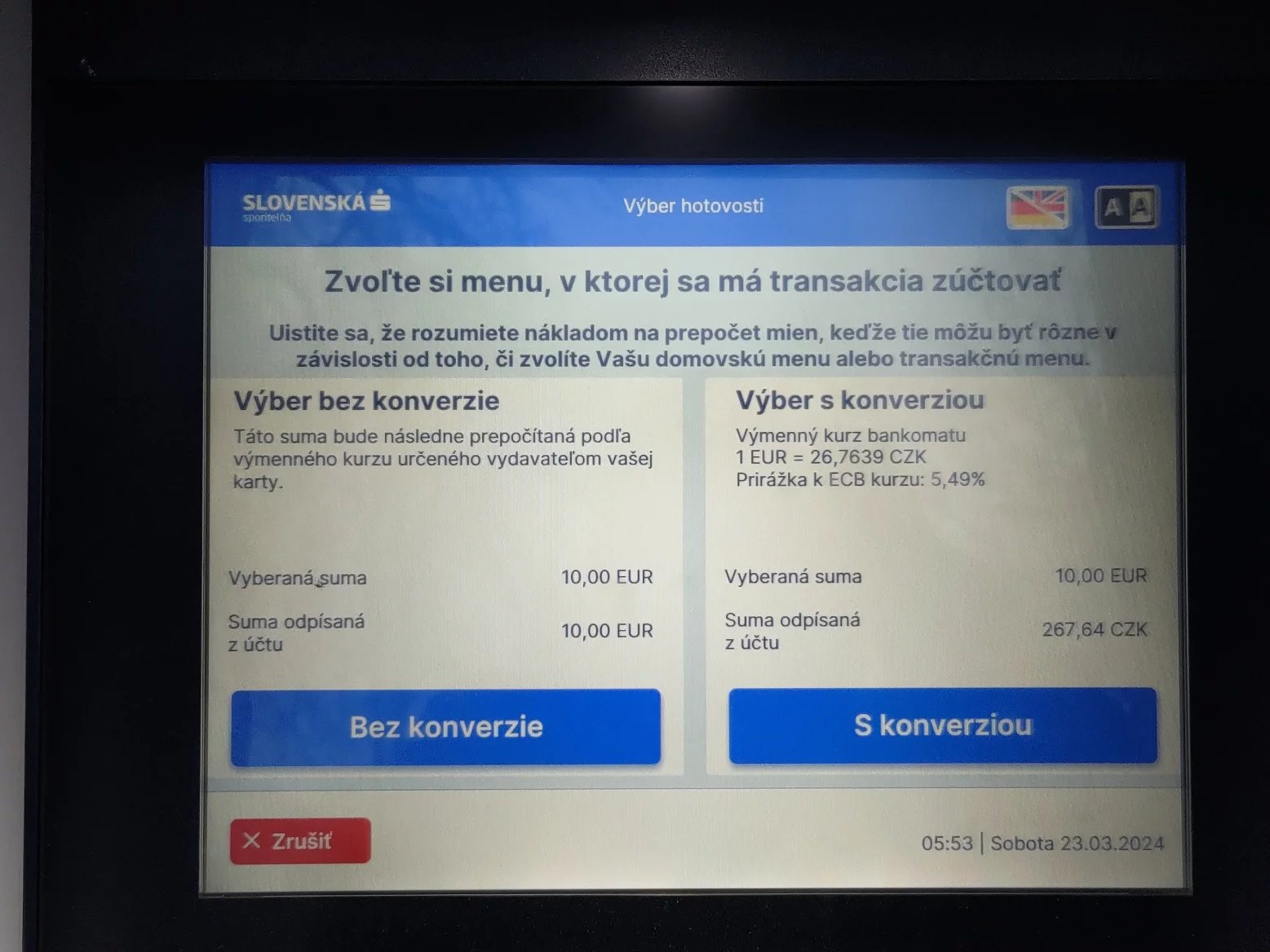 Nabídka DCC od Slovenské sporiteľňi pro karty Mastercard. Nabídka zní 5,49 %. Bardejov, Slovensko. (23. 3. 2024)
