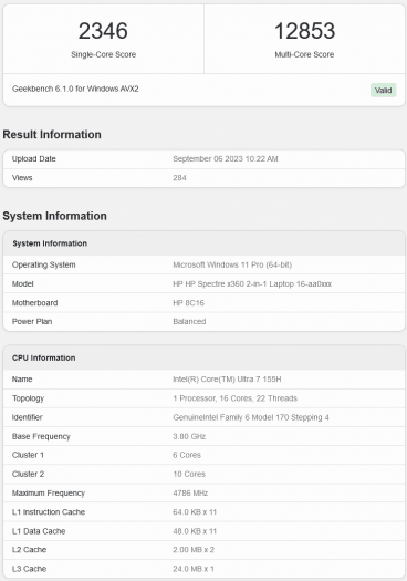 HP Spectre x360 2-in-1 Laptop 16 s procesorem Intel Core Ultra 7 155H v databázi Geekbench