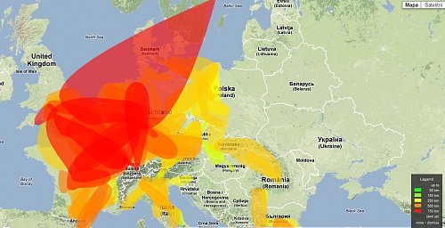 Aktuální situace šíření VHF signálu nad Evropou. Červená barva ukazuje příjem 750 km a vyšší.