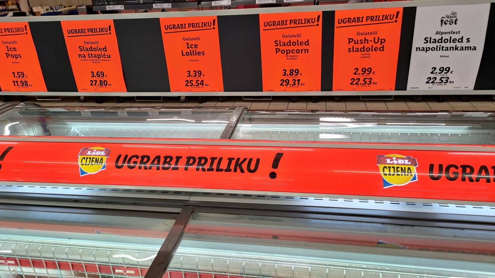 Ceny v Lidlu, Rijeka, Chorvatsko. (19. 6. 2023)