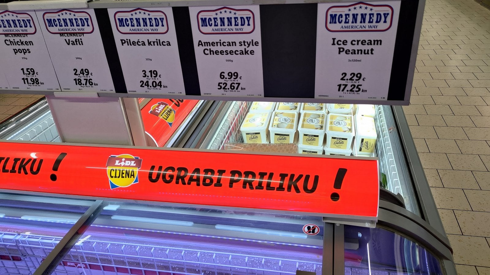 Ceny v Lidlu, Rijeka, Chorvatsko. (19. 6. 2023)