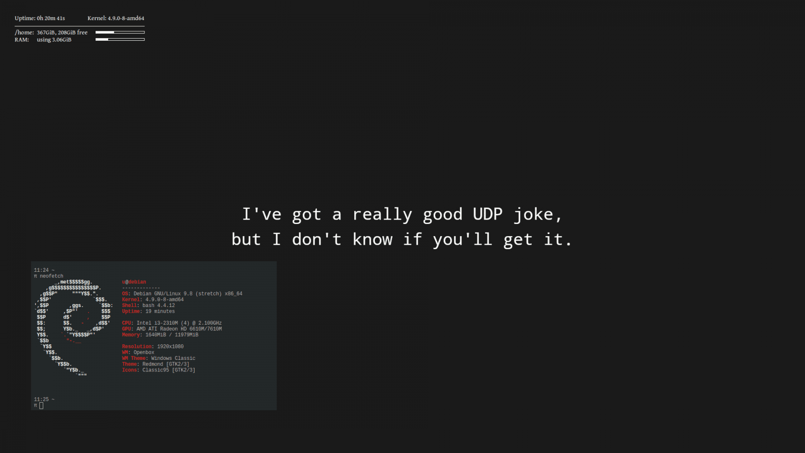 Debian 9 a Openbox. Panel tint2 je skrytý dole. Wallpaper se náhodně vybírá přes feh.