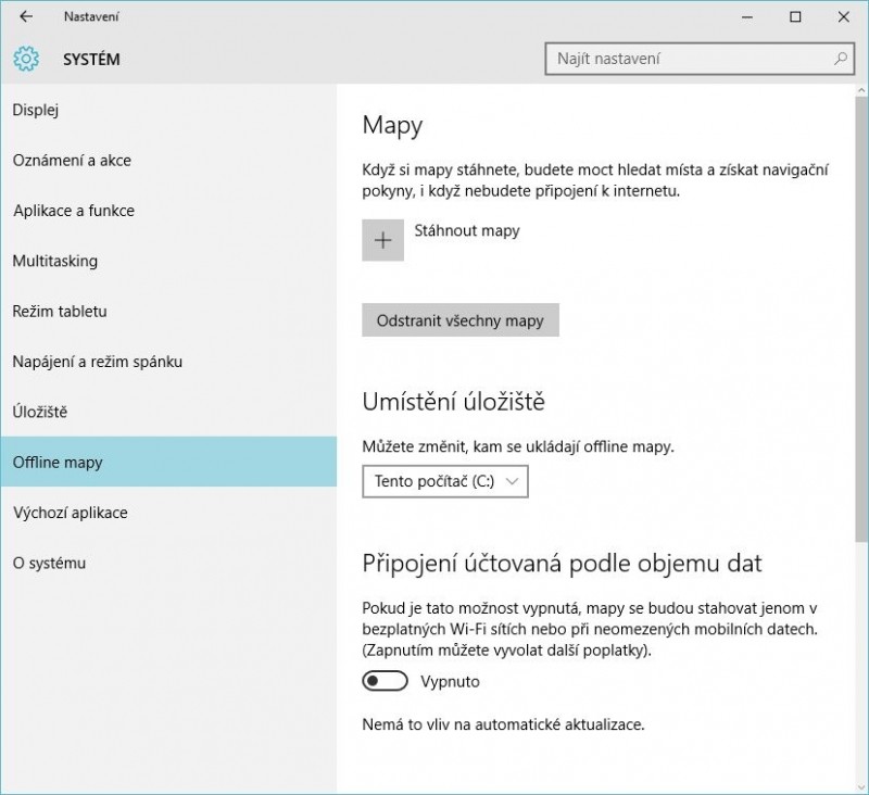 Nastavení offline map ve Windows 10
