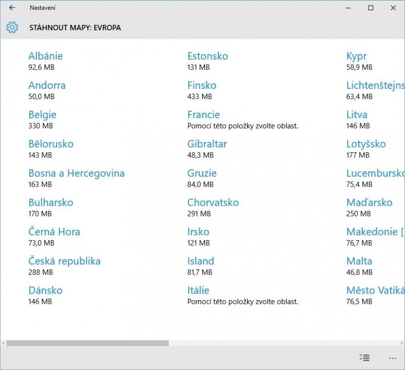 Vyberte si, jakou mapu budete chtít používat offline (bez připojení k Internetu)
