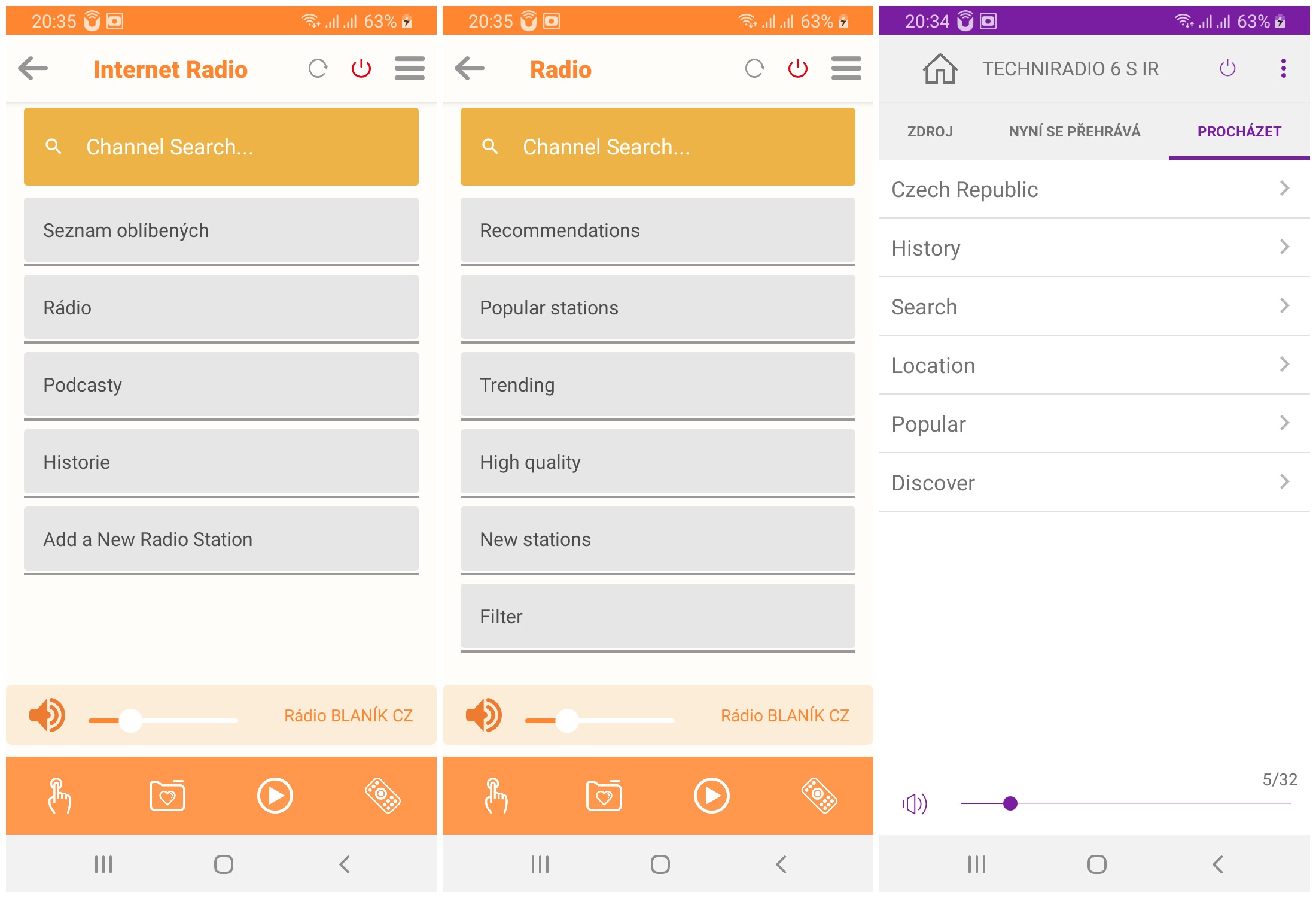 Menu voleb u internetového rádia (vlevo aplikace Soundmate s hlavním menu pro poslech internetových stanic a podcastů, uprostřed členění podkategorie voleb u volby (internetové) rádio, vpravo menu aplikace Undok)