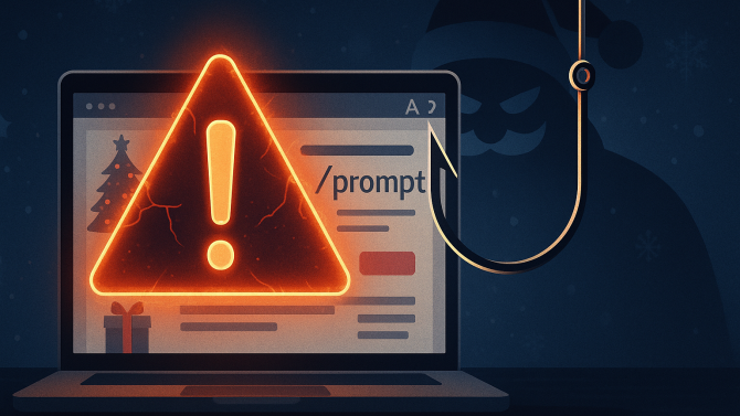 Varování před kyberhrozbou: na obrazovce notebooku je zobrazený phishingový útok, s výstražným symbolem a hrozivým Santa Clausem na pozadí.