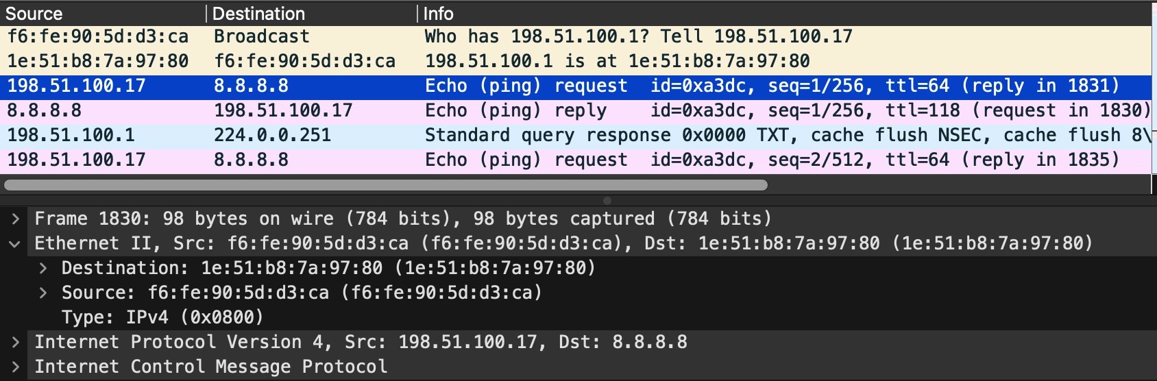 Pohled Wiresharkem na komunikaci Boba s 8.8.8.8: na síťové vrstvě komunikuje Bob s 8.8.8.8, ale na linkové si rámce vyměňují Bob s Routerem