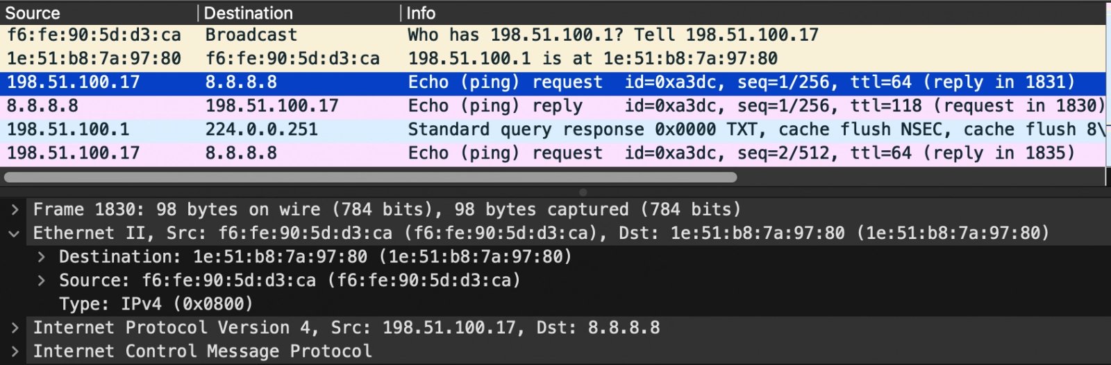Pohled Wiresharkem na komunikaci Boba s 8.8.8.8: na síťové vrstvě komunikuje Bob s 8.8.8.8, ale na linkové si rámce vyměňují Bob s Routerem