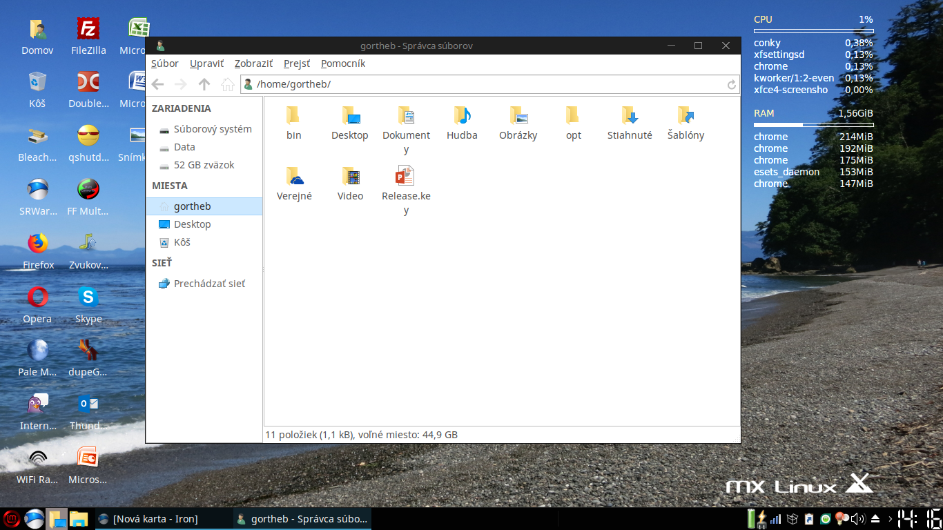 MX Linux (Xfce) s upraveným prostredím, ktoré vyzerá ako Win10 a je vhodné pre ľudí, ktorý prechádzajú z Windows na Linux.