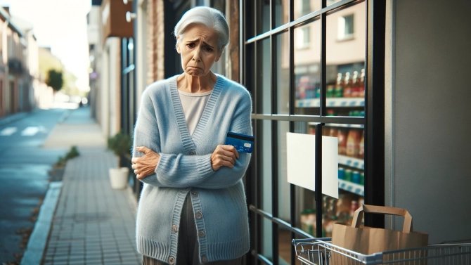 3.5.24 (1x) Seniorka, platební karta, peníze, obchod