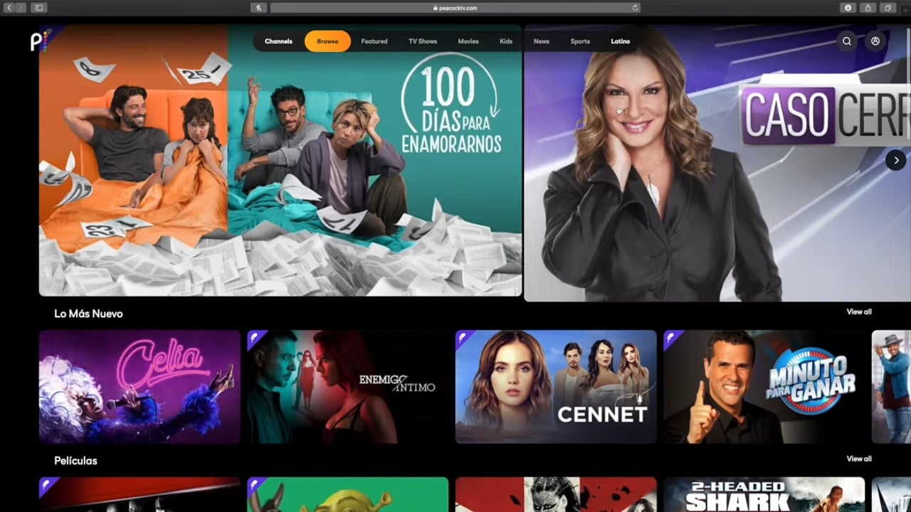 Peacock v prostředí internetového prohlížeče