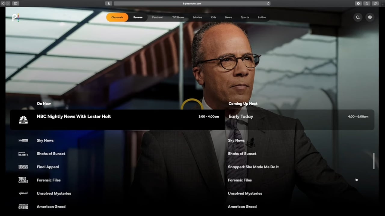 Peacock v prostředí internetového prohlížeče