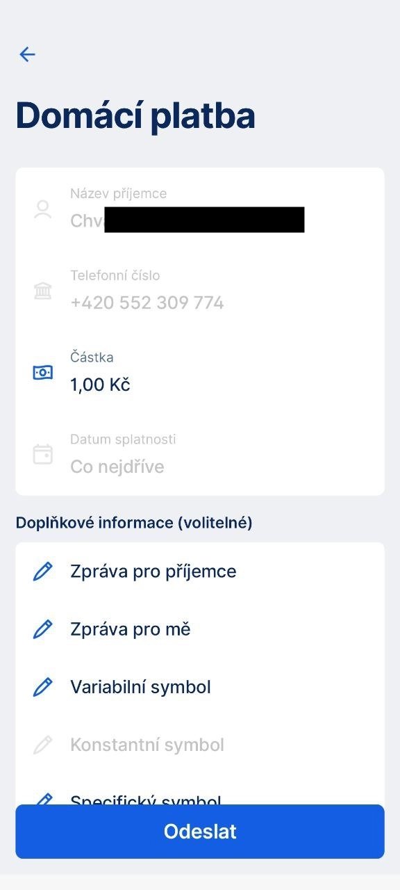 Platba na kontakt z mobilní aplikace George od České spořitelny. (14. 11. 2023)