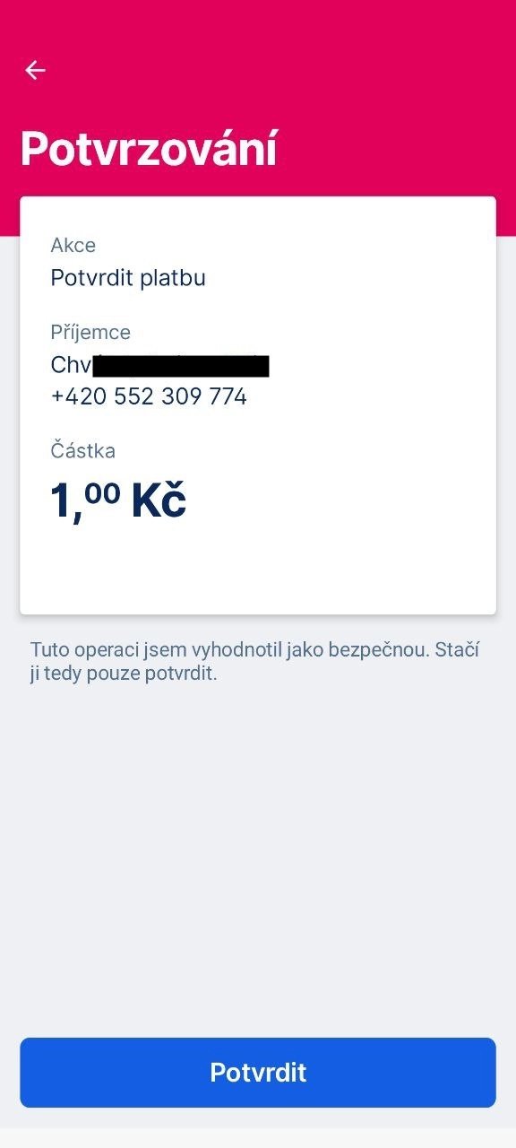 Platba na kontakt z mobilní aplikace George od České spořitelny. (14. 11. 2023)