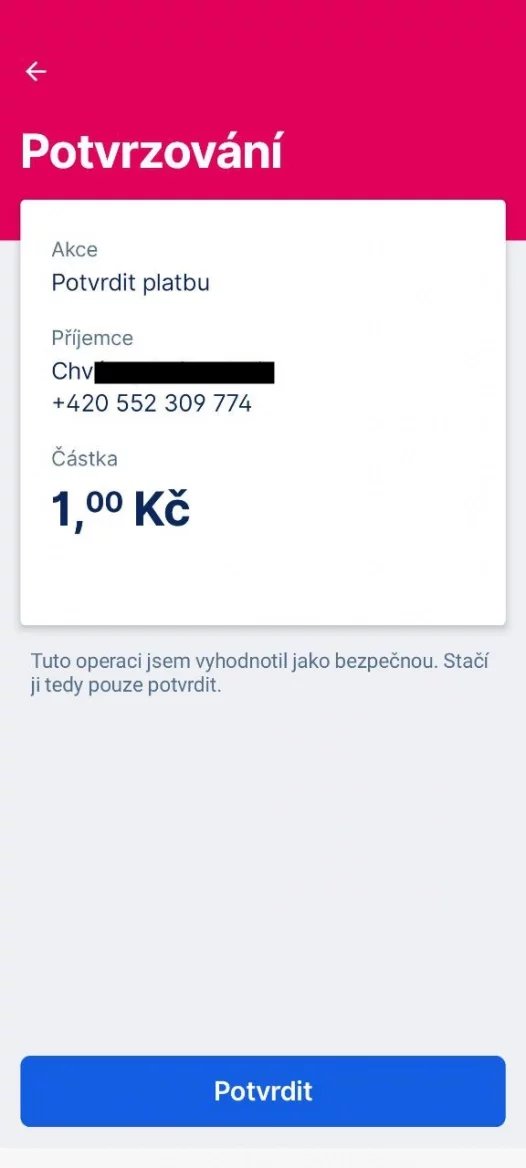 Platba na kontakt z mobilní aplikace George od České spořitelny. (14. 11. 2023)