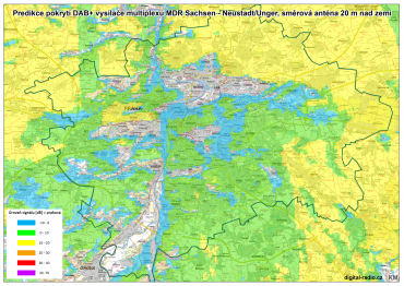 Predikce pokrytí DAB+ vysílače multiplexu MDR Sachsen - Neustadt/Unger, směrová anténa 20 metrů nad zemí