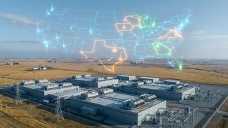 Rozsáhlý DC kampus v americké krajině s elektrickým vedením a transformátory, na pozadí mapa USA se zvýrazněnými regiony nové hyperscale kolokační výstavby