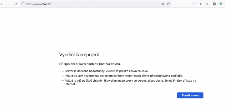 Nefunkční web ČSOB. 30. 08. 2023, 10:00 hod.