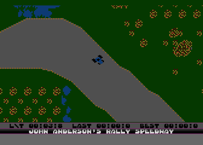 Známá hra Rally Speedway plně využívá možností textového režimu GR.12 a GR.13.