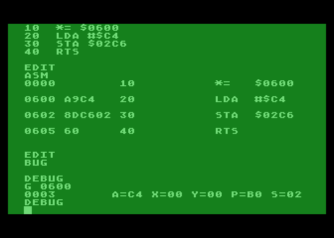 Atari Assembler využívá standardní textový režim GR.0, pouze nastavuje odlišnou barvu popředí i pozadí (je to vždy stejná barva, jen s odlišnou intenzitou).