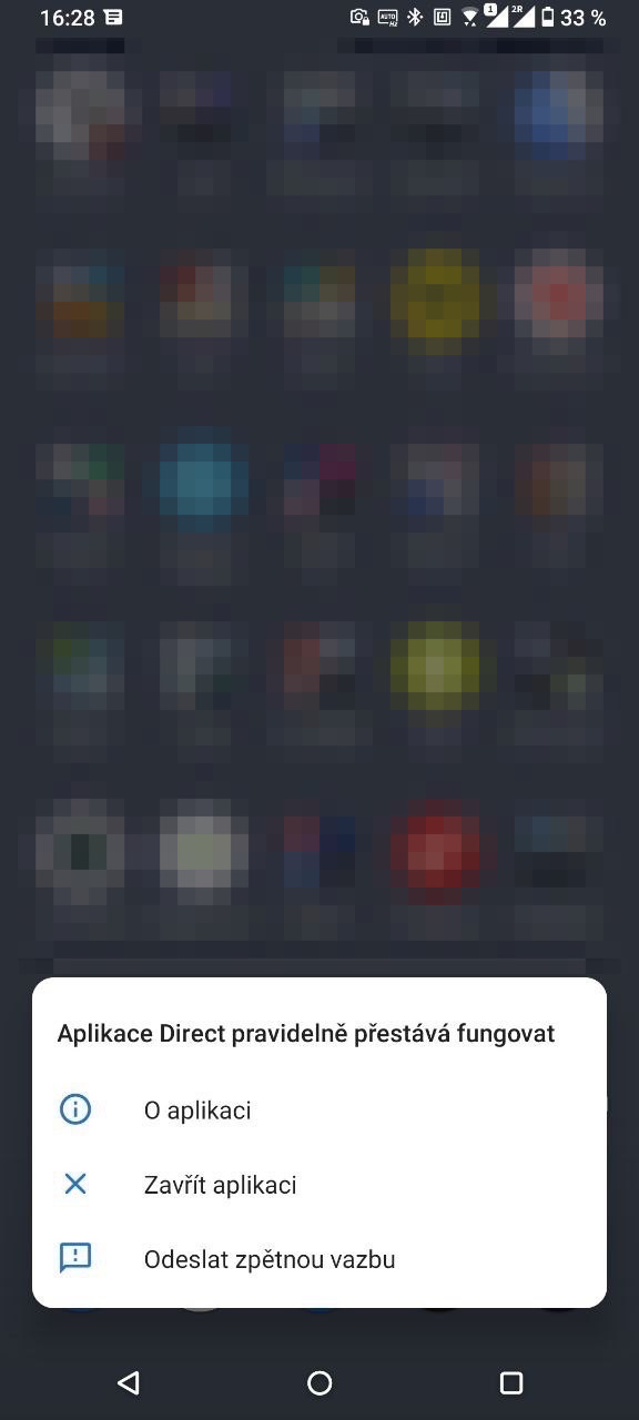 Mobilní aplikace Direct pojišťovny a chybová hlášení. (7. 10. 2021)
