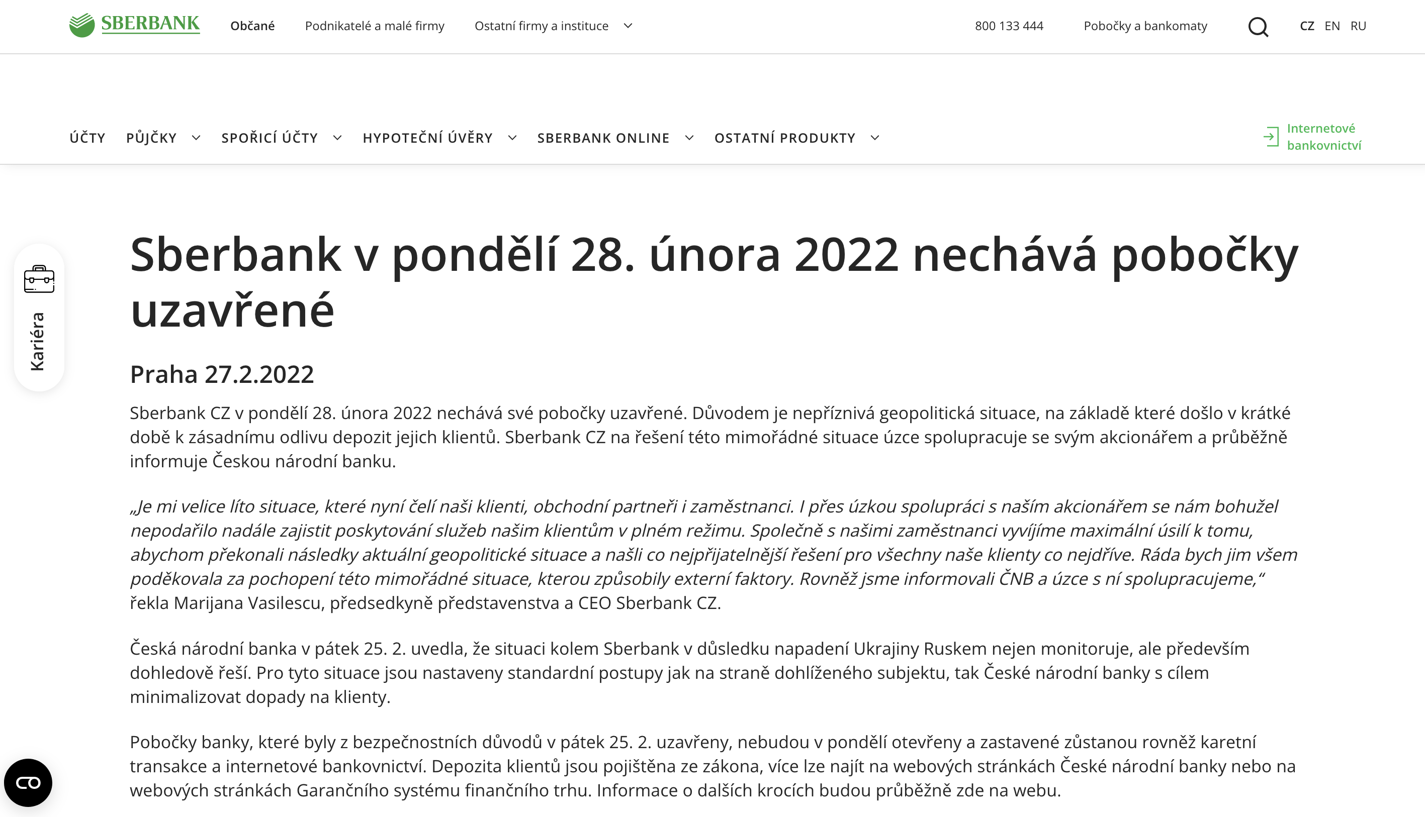 Oznámení Sberbank o zavření poboček. (27. 2. 2022)