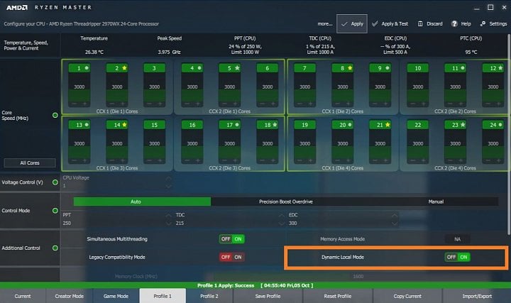 Volba pro nastavení režimu Dynamic Local Mode v programu Ryzen Master