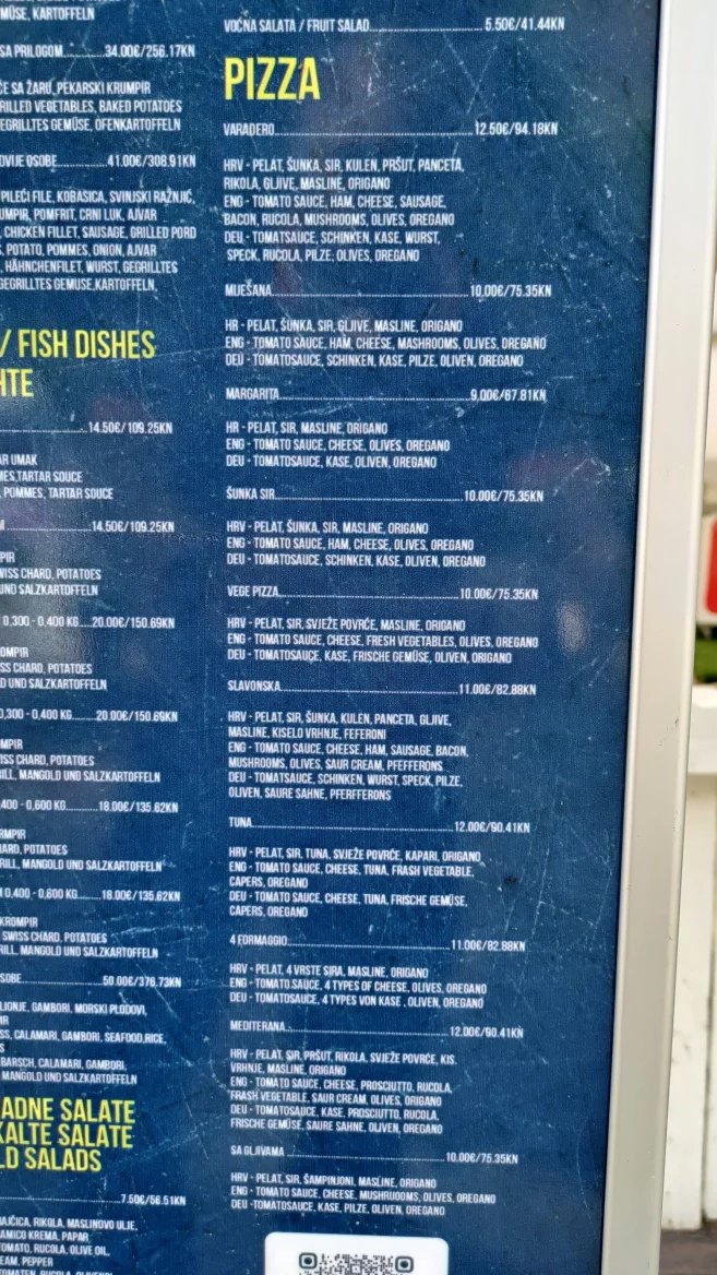 Ceny jídel v restauracích. Baška, Krk, Rijeka. Chorvatsko. (9. 6. 2024)