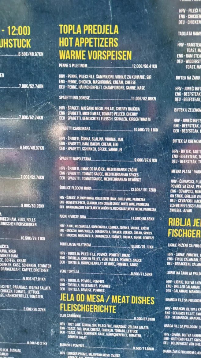Ceny jídel v restauracích. Baška, Krk, Rijeka. Chorvatsko. (9. 6. 2024)