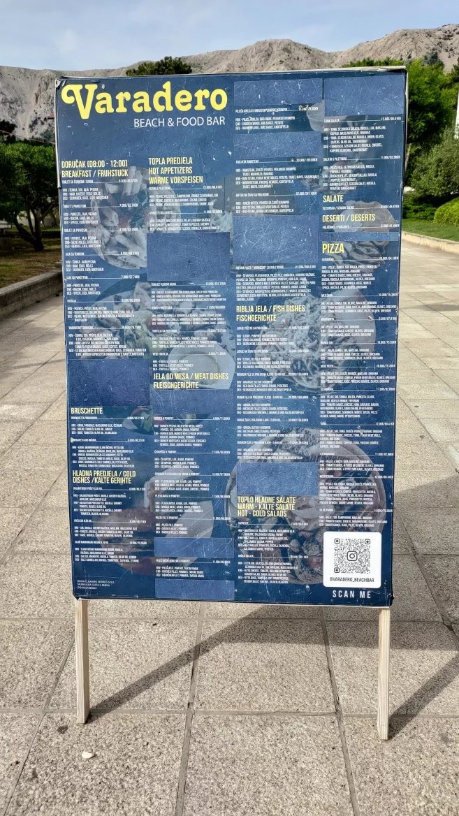 Ceny jídel v restauracích. Baška, Krk, Rijeka. Chorvatsko. (9. 6. 2024)