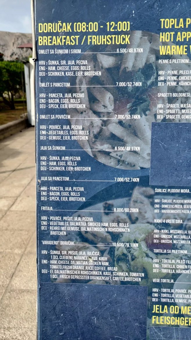 Ceny jídel v restauracích. Baška, Krk, Rijeka. Chorvatsko. (9. 6. 2024)