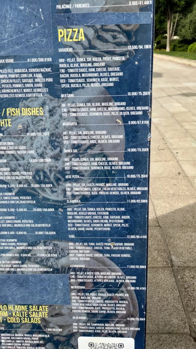Ceny jídel v restauracích. Baška, Krk, Rijeka. Chorvatsko. (9. 6. 2024)