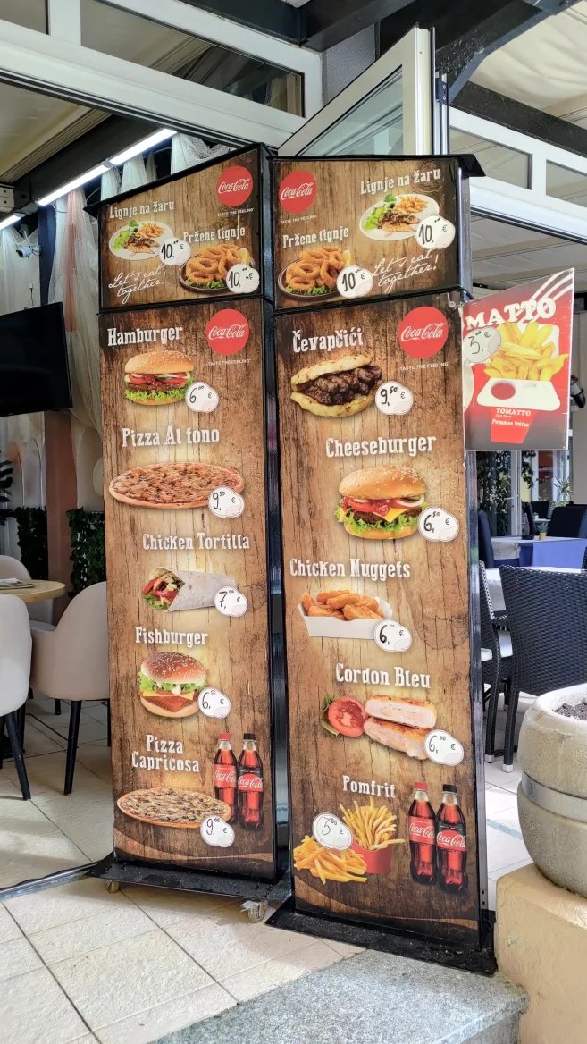 Ceny jídel v restauracích. Baška, Krk, Rijeka. Chorvatsko. (9. 6. 2024)