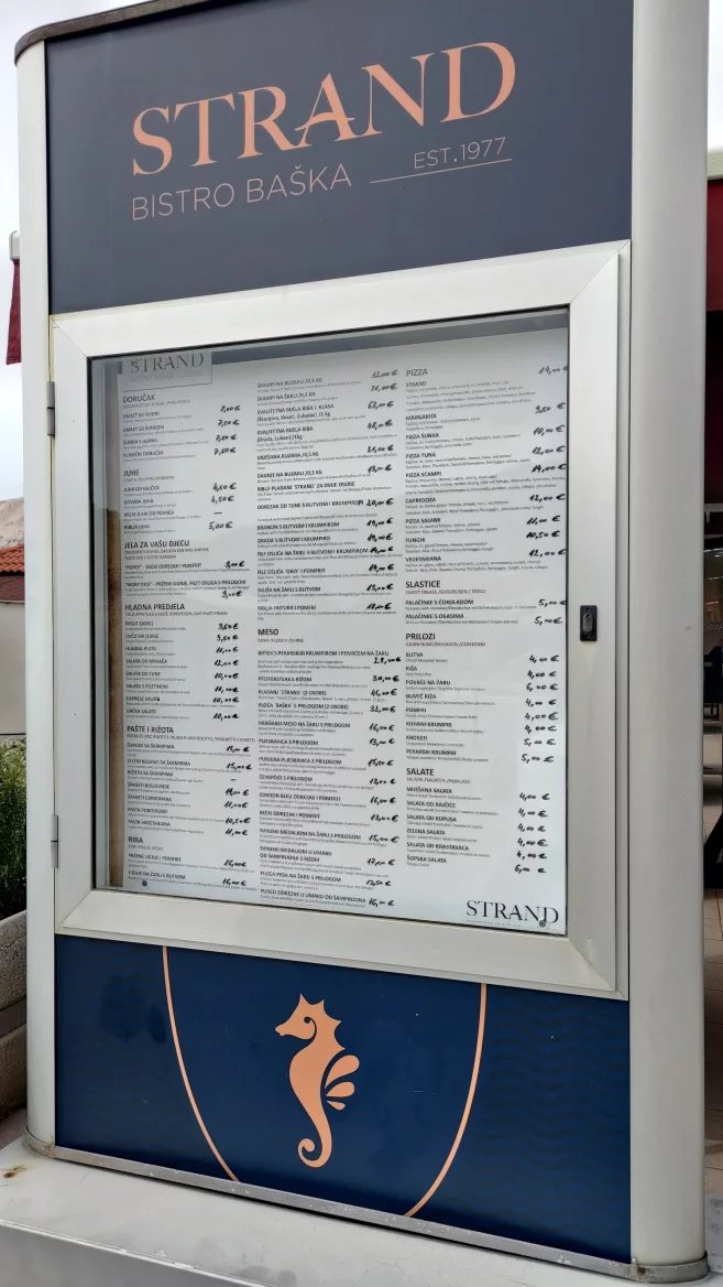 Ceny jídel v restauracích. Baška, Krk, Rijeka. Chorvatsko. (9. 6. 2024)
