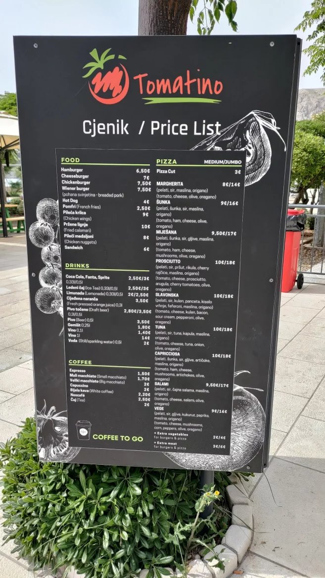 Ceny jídel v restauracích. Baška, Krk, Rijeka. Chorvatsko. (9. 6. 2024)