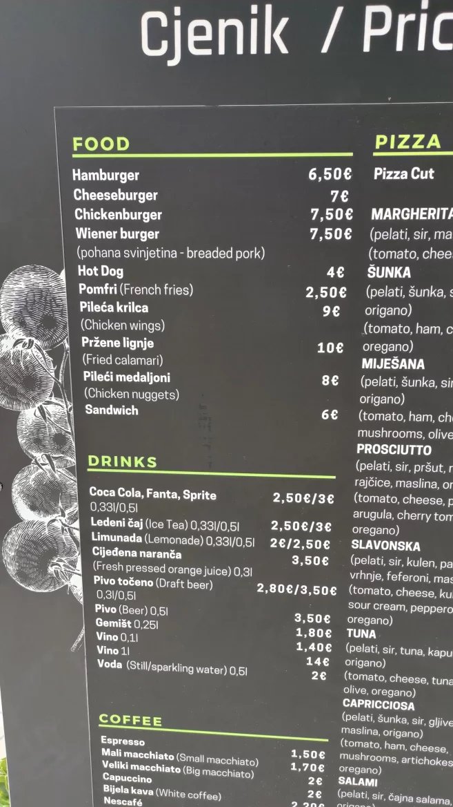 Ceny jídel v restauracích. Baška, Krk, Rijeka. Chorvatsko. (9. 6. 2024)
