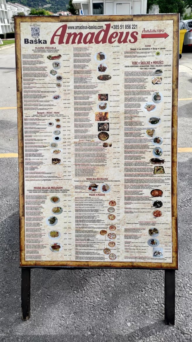 Ceny jídel v restauracích. Baška, Krk, Rijeka. Chorvatsko. (9. 6. 2024)