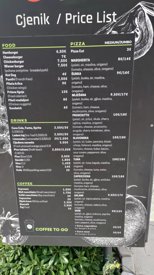 Ceny jídel v restauracích. Baška, Krk, Rijeka. Chorvatsko. (9. 6. 2024)