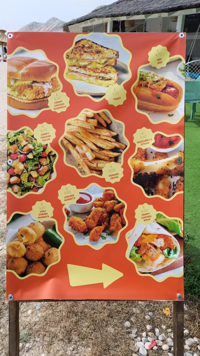 Ceny jídel v restauracích. Baška, Krk, Rijeka. Chorvatsko. (9. 6. 2024)