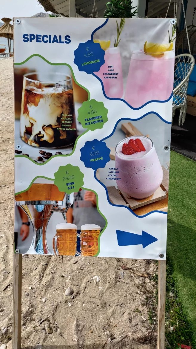 Ceny jídel v restauracích. Baška, Krk, Rijeka. Chorvatsko. (9. 6. 2024)