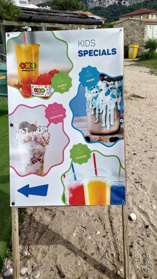 Ceny jídel v restauracích. Baška, Krk, Rijeka. Chorvatsko. (9. 6. 2024)