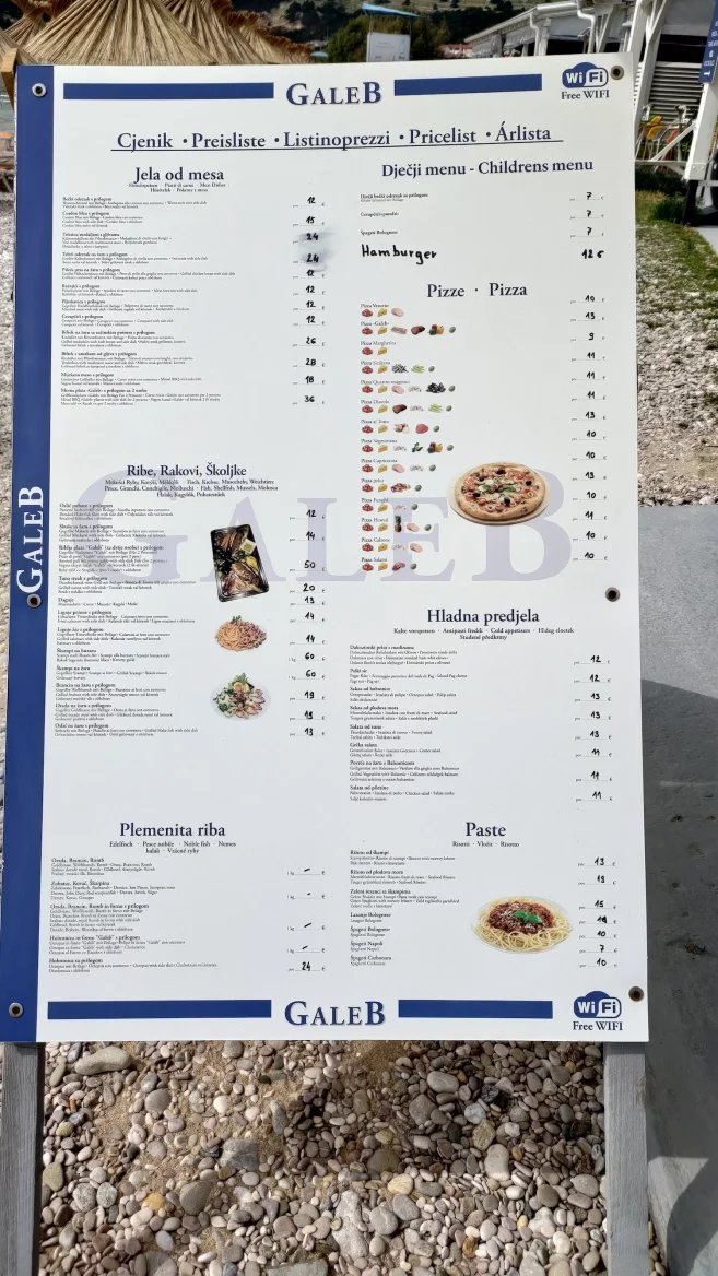 Ceny jídel v restauracích. Baška, Krk, Rijeka. Chorvatsko. (9. 6. 2024)
